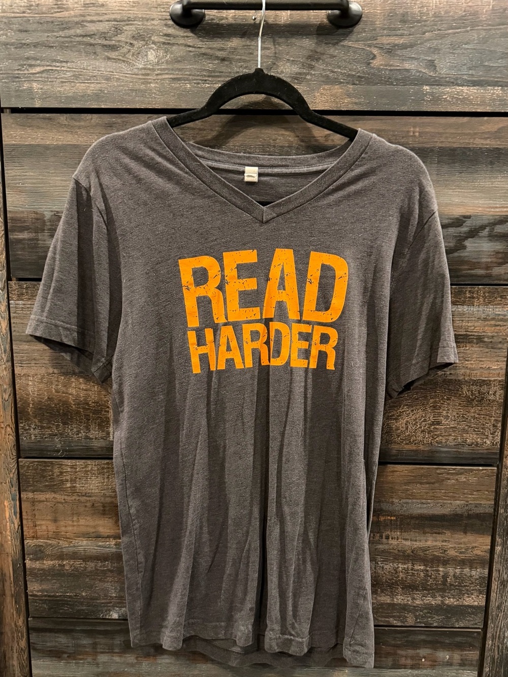 Out of Print Men's Gray V-Neck Tee with Bold Orange 'READ HARDER' Print